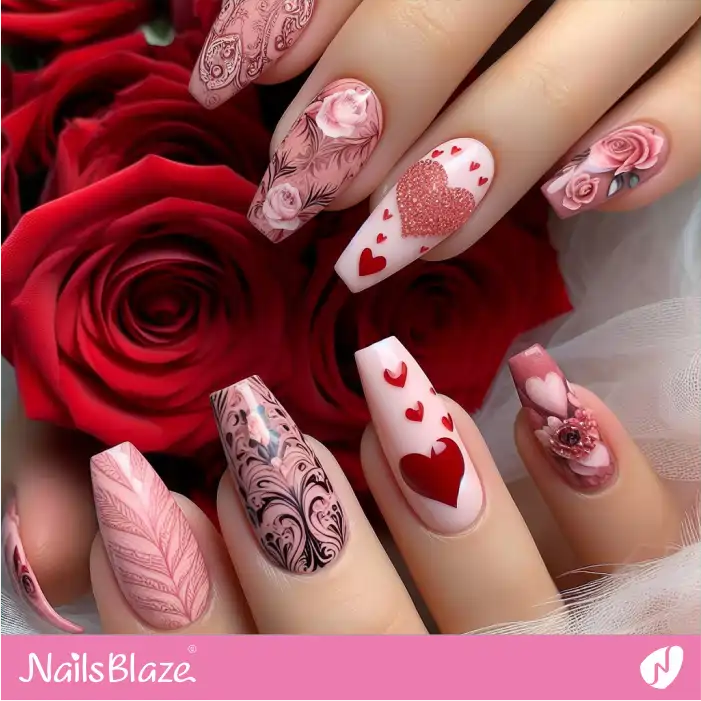 Pink Nails with Hearts and Roses Design | Valentine Nails - NB2942